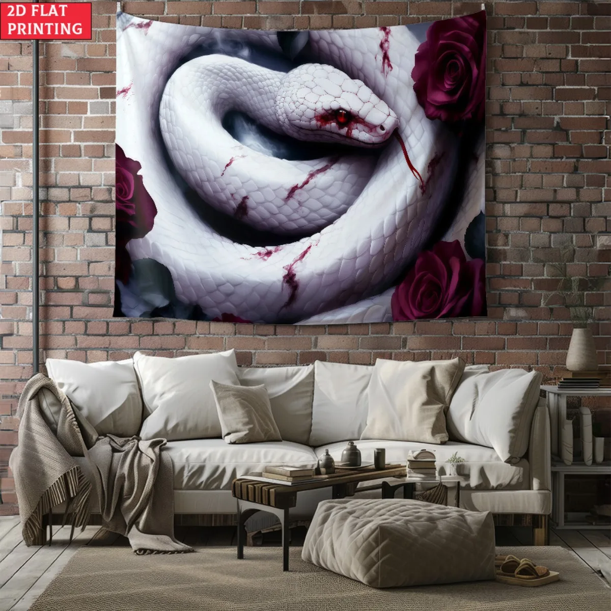 unframed White snake rose tapestry gothic horror wall art dark romance decor blood red roses reptile print mysterious aesthetic 