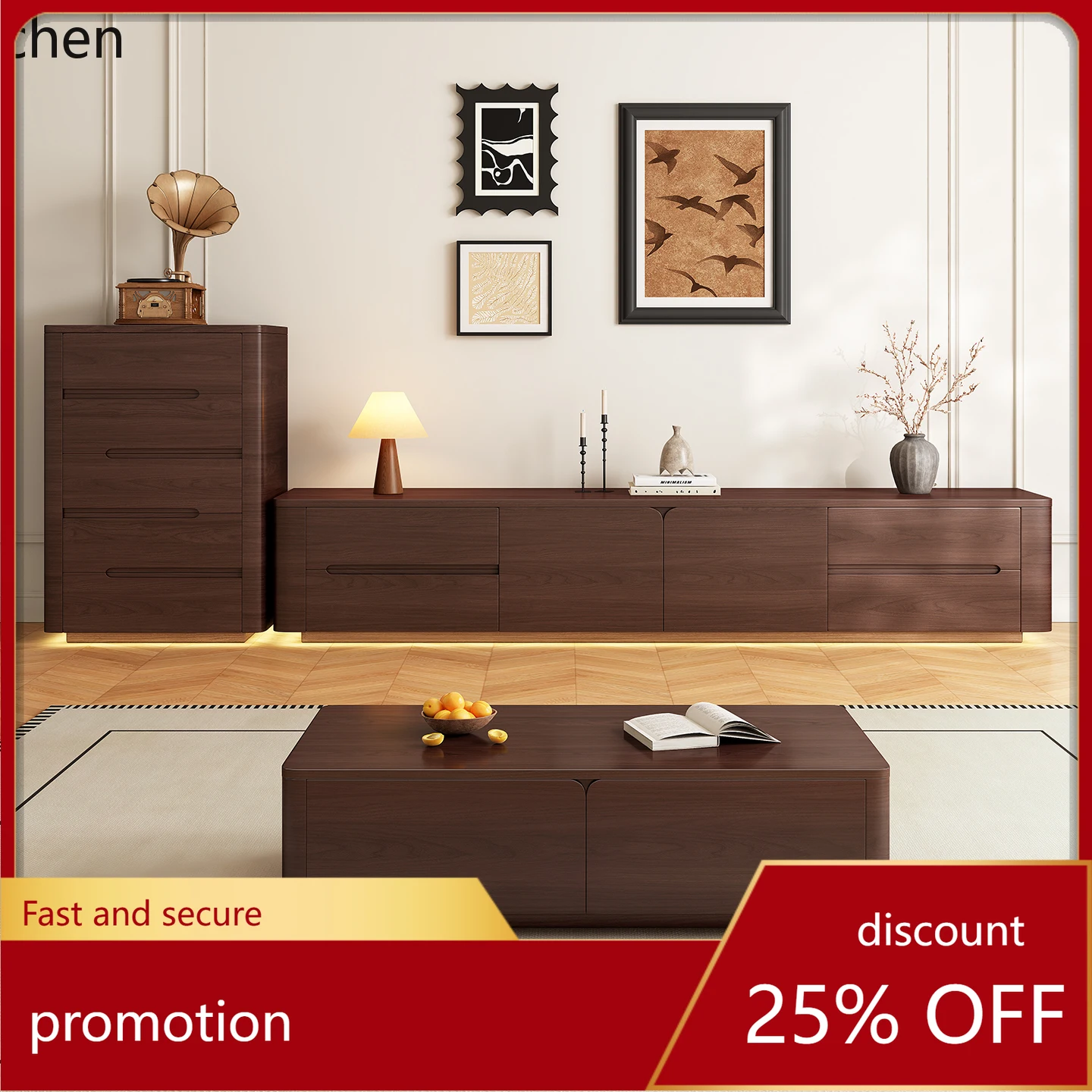 

ZML Solid Wood Floor-standing TV Cabinet Coffee Table Living Room New Storage Cabinet Integrated Vintage Style