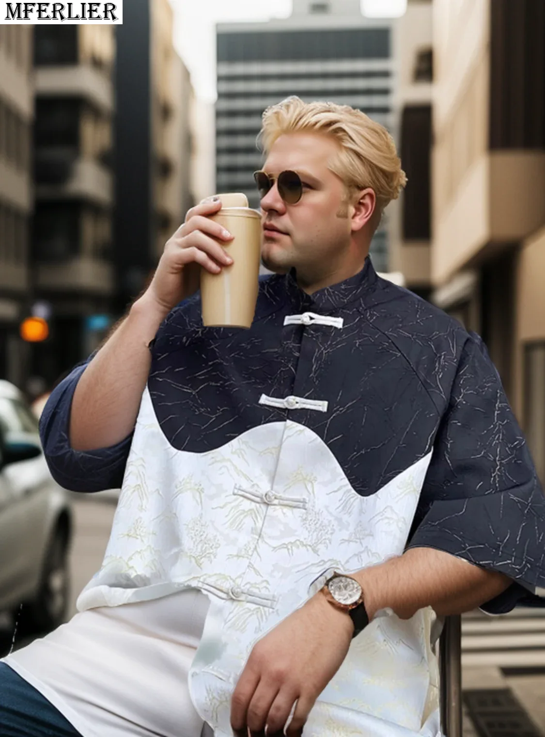 

Men's shirt plus size 7XL Chinese style short-sleeved shirt summer standing collar loose Tang suit