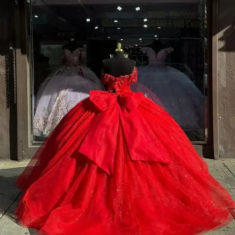 Red Quinceanera Dresses Ball Gown Princess Birthday Gown Applique Lace Beads Tulle Sweet 16 Dresses Customized