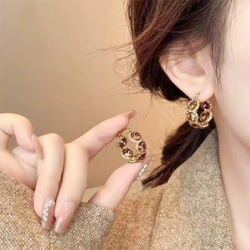 Premium Vintage Maillard Round Hoop Earrings Sparkly Crystal Niche Design Versatile Everyday Edgy for Women