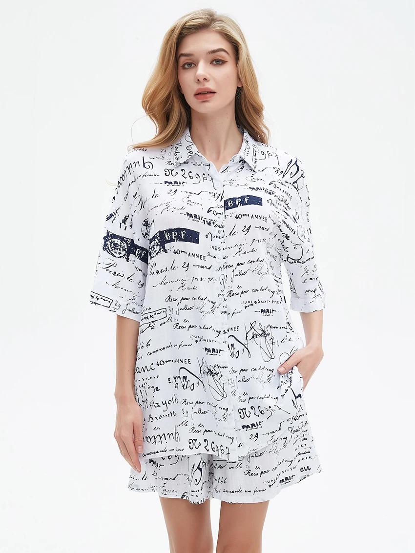 

Parc Fee Casual Loose Print 2 Pieces Set For Woman Fashion Half Sleeve Shirt With High Waist Shorts Set New In Matching Sets