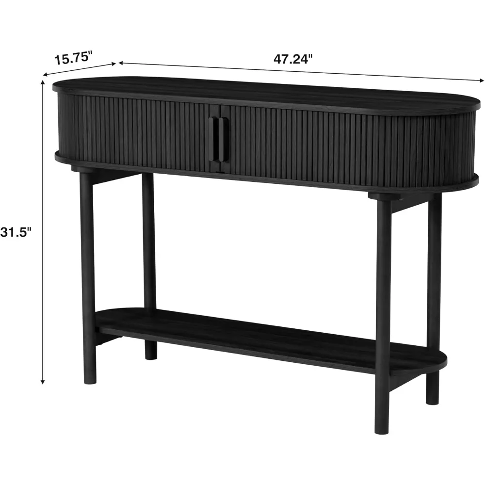 Fluted Console Table, Modern Entryway Table with Tambour Sliding Door, 2-Tier Sofa Table with Storage, Side Table Behind