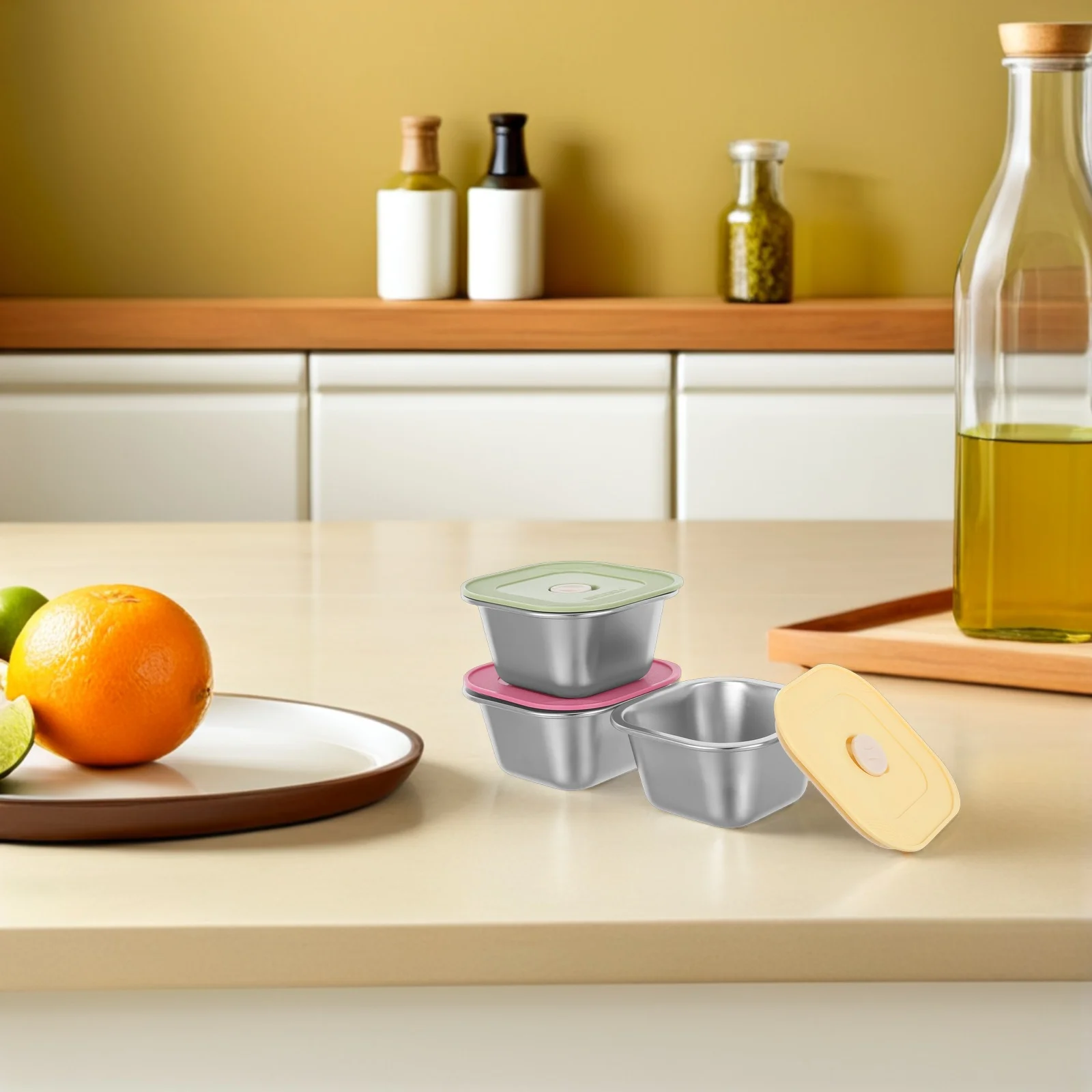 

3 шт. контейнеры для закусок из нержавеющей стали, штабелируемые, герметичные с силиконовыми крышками для ланч-бокса, приготовления еды, соуса для заправки салата