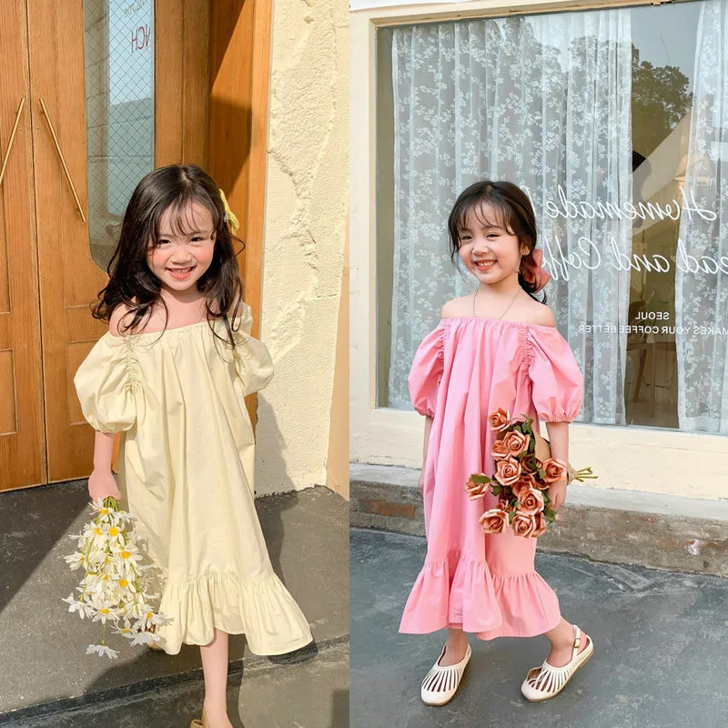 Girls Dress with One Shoulder and Bubble Sleeves Princess Dress Long Skirt Summer Dress 26 New Styles
