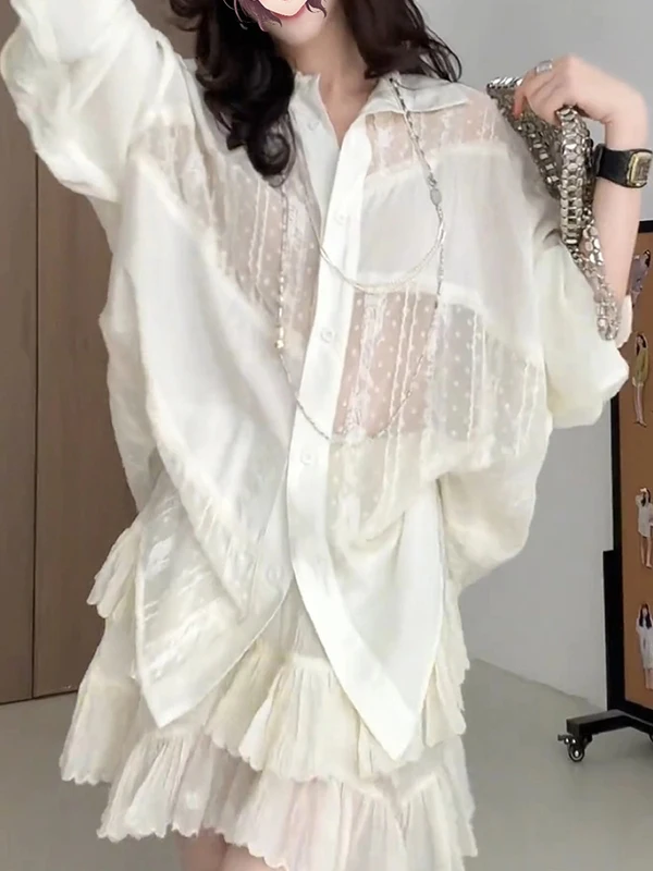 

Осенний модный комплект: блузка с кружевными вставками и длинными рукавами, асимметричная плиссированная юбка, элегантный женский костюм из двух предметов с дизайнерским акцентом