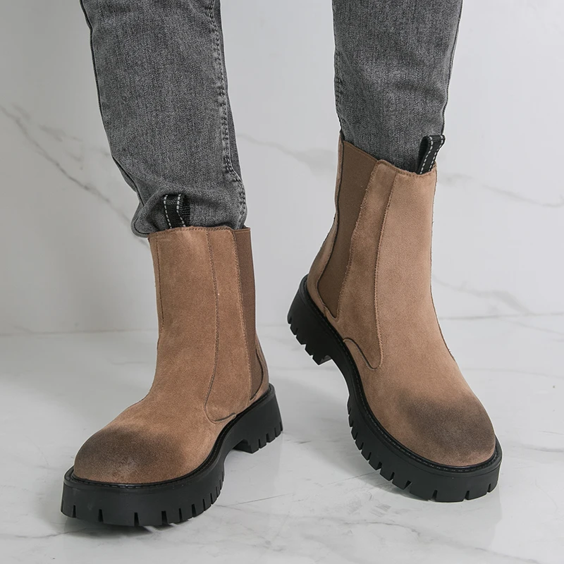 

Men High Top Chelsea Boots Faux Suede Thick Sole Comfortable Non Slip Classic Men Boots Sizes 38-46