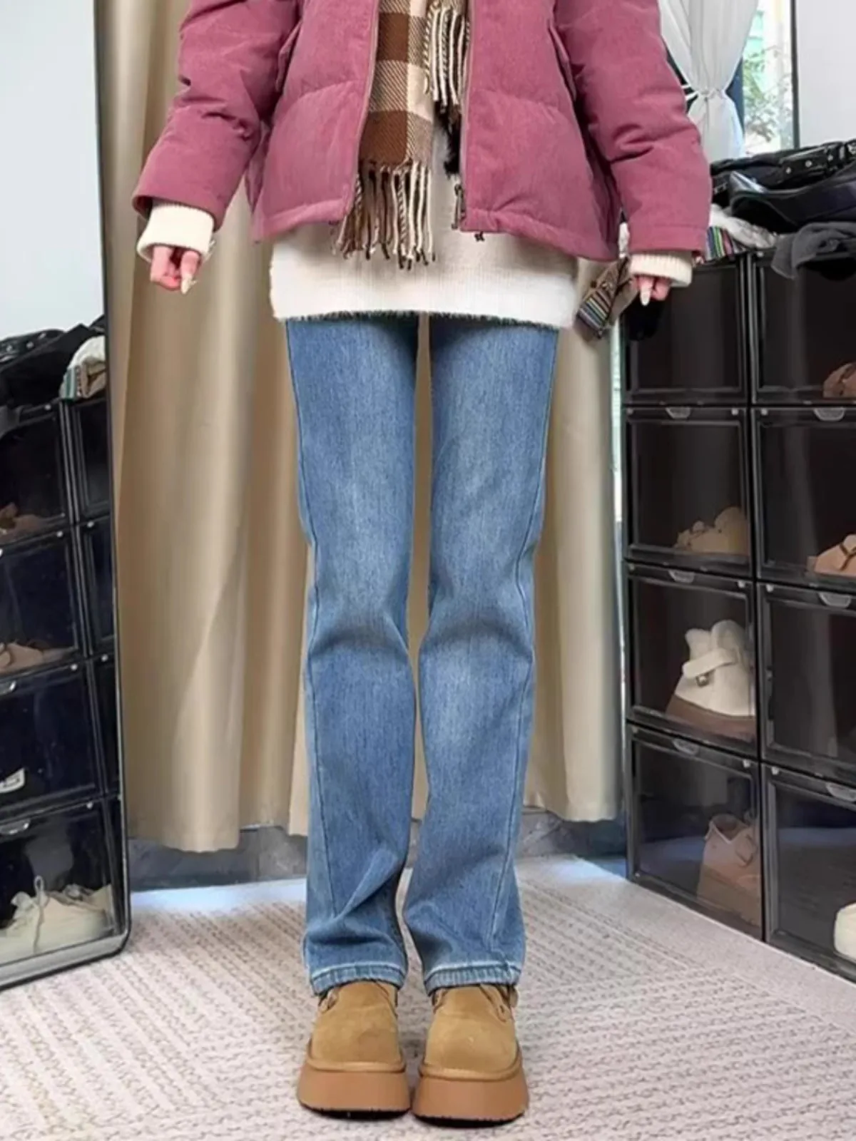 

Светло-голубые мужские джинсы с высокой талией, осенне-зимние, облегающие, прямого кроя, в стиле ретро, американский стиль, износостойкие