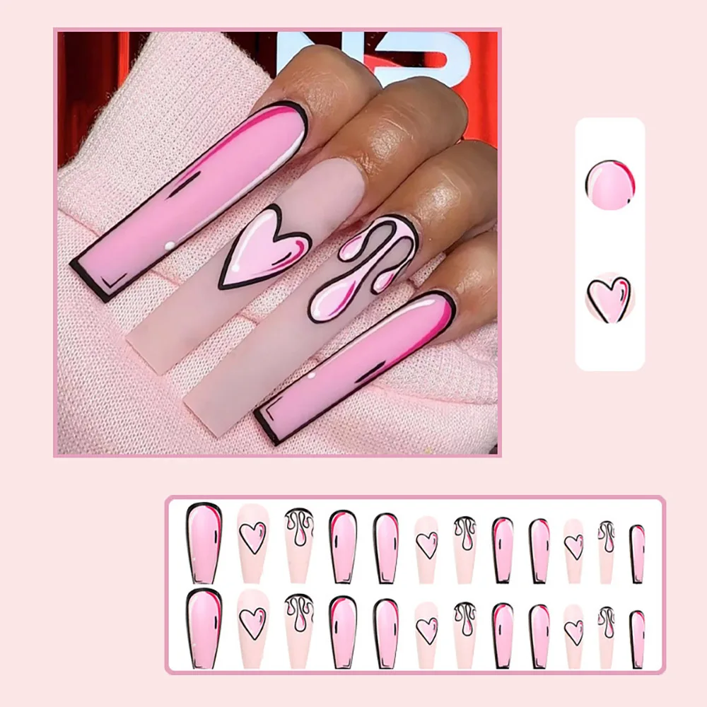 Neon Pink Nails com destacável prego Dicas Set, Nubuck, Comic Tipo, Pintura, Coração, Waterdrop, unhas Dicas, Wearable, Fingertips Falso, 404