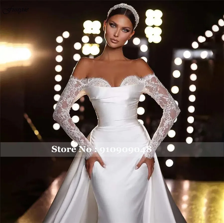 Funyue White Off Shoulder Satin syrenka suknie ślubne eleganckie suknie ślubne przyjęcie zaręczynowe dla kobiet