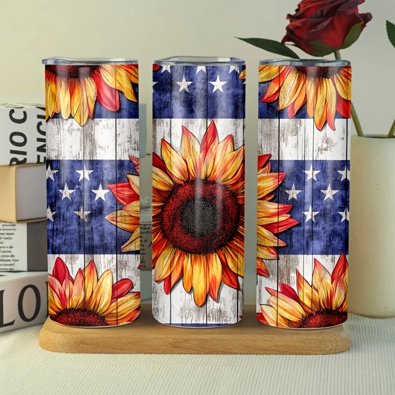 1pc 20oz Sunflower National Flag Gradient Pattern Portable Fashion Sports Tumbler, a Holiday Gift for Fitness Enthusiasts, Athletes, Daughters, Dads, Moms, Relatives, and Classmates. Includes Lid and Straw. Double-walled Interior Design. Can Hold Hot