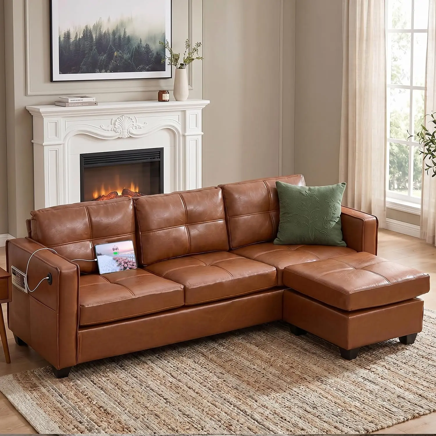 Brown L Shaped Sectional Sofa with USB & Ottoman, Faux Leather Modular Couch with Pockets for Living Room RV, Customized