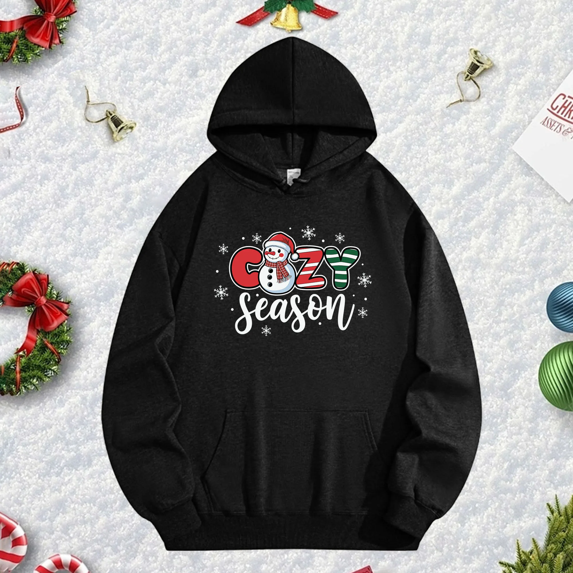

COZY Snowman 270G Черная толстовка с капюшоном для мужчин и женщин, уютный флисовый пуловер большого размера на осень/зиму, Рождество, Новый год