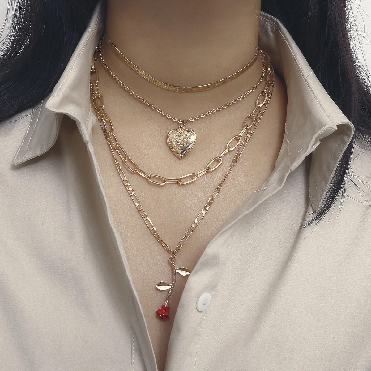 Necklace Multi Layer Chunky Open Heart Pendant Geometric Painted Rose Design Sturdy Women Casual Jewelry Silver Plated