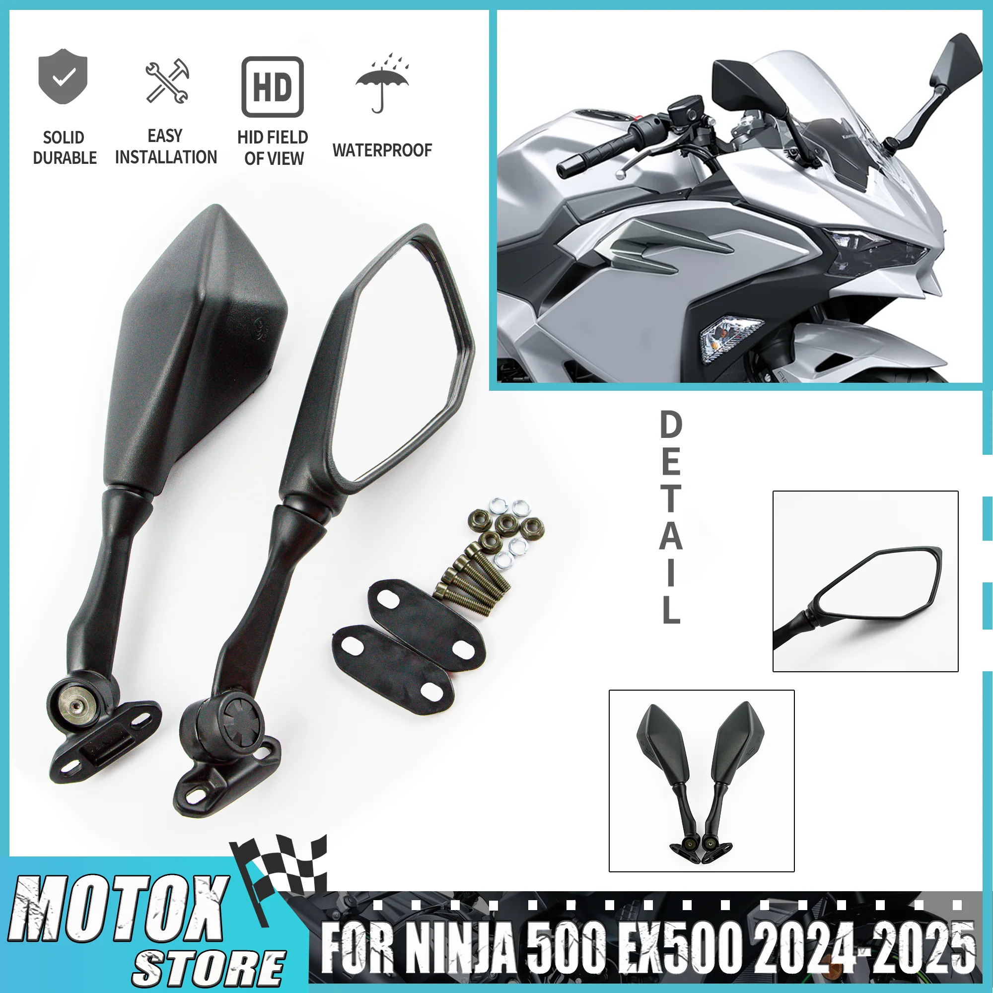 Long Short Fit For Kawasaki Ninja 500 EX500 2024 - 2025 Motorcycle Extended Rearview Mirrors