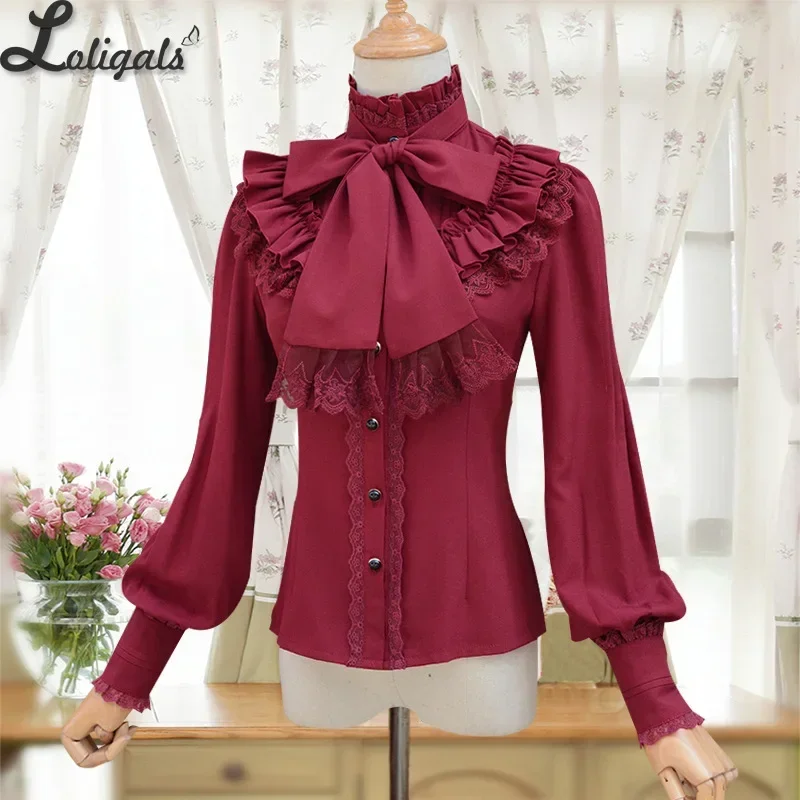 Vintage Women\'s Lolita Shirt Gothic Chiffon Ruffle Blouse Long Sleeve Blusas Black/White/Navy Blue/Burgundy