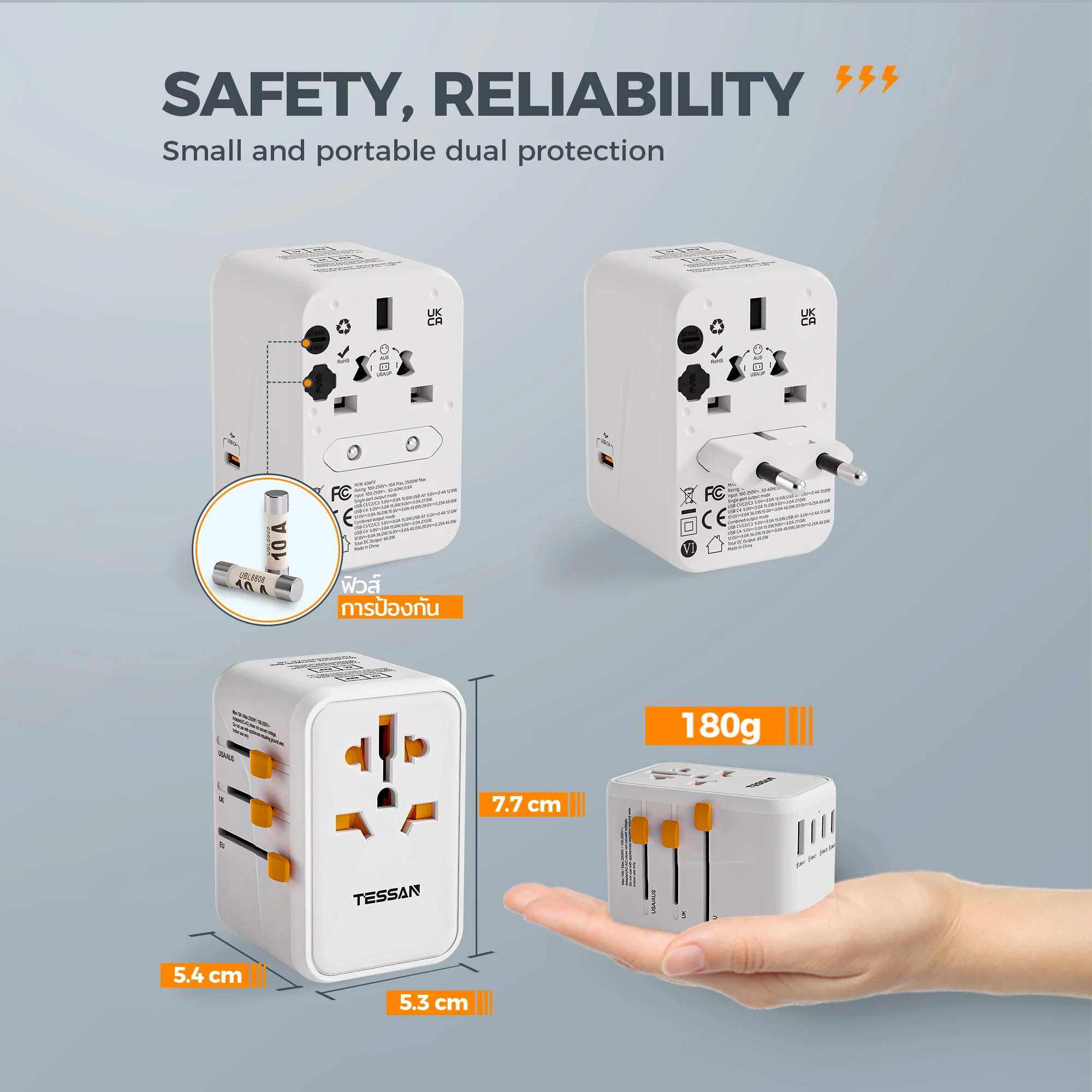 TESSAN GaN محول قابس السفر العالمي العالمي مع 2 USB 2 نوع C 2500 واط محول السفر العالمي إلى كندا المملكة المتحدة الاتحاد الأوروبي أستراليا