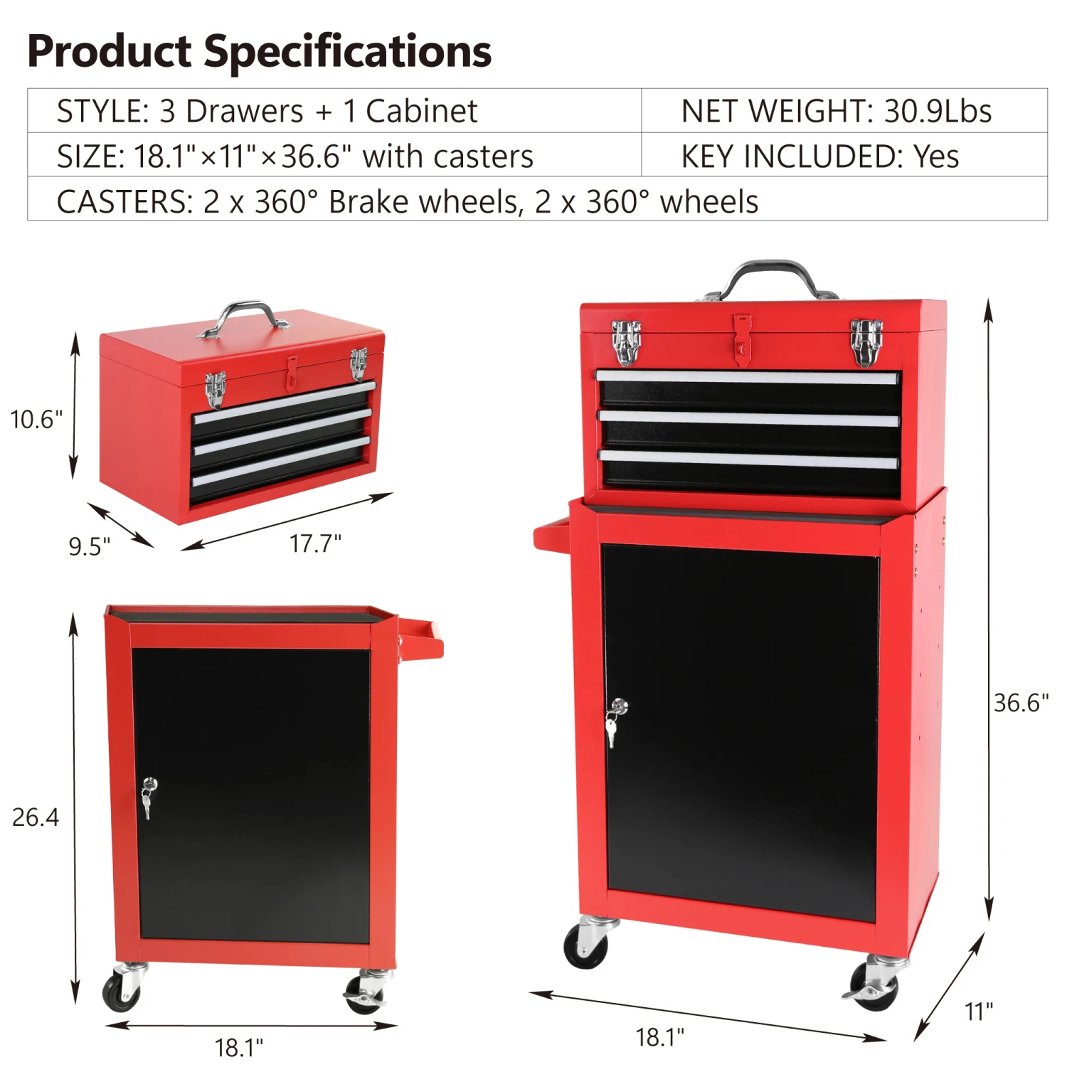 3-Drawer Rolling Tool Chest with Wheels, Large Storage Cabinet, Adjustable Shelf, Removable Top Box with Locking System - Garage