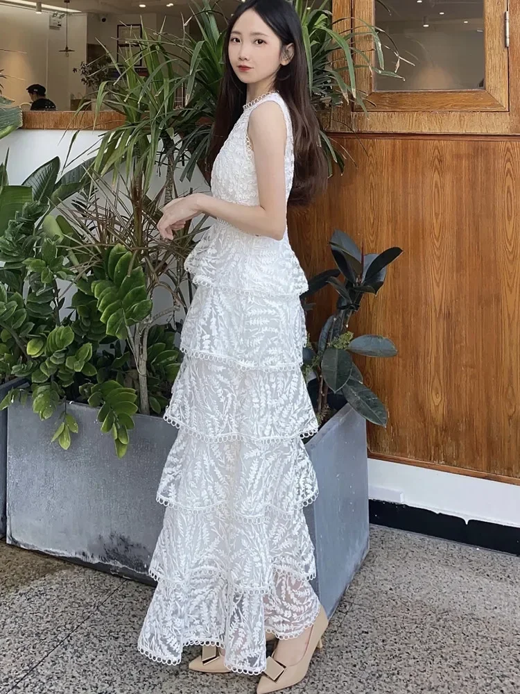 New Fashion Runway Summer Dress 2023 For Women's Bright Embroidered Mesh Vacation Dress Ladies Sleeveless Cake Dresses