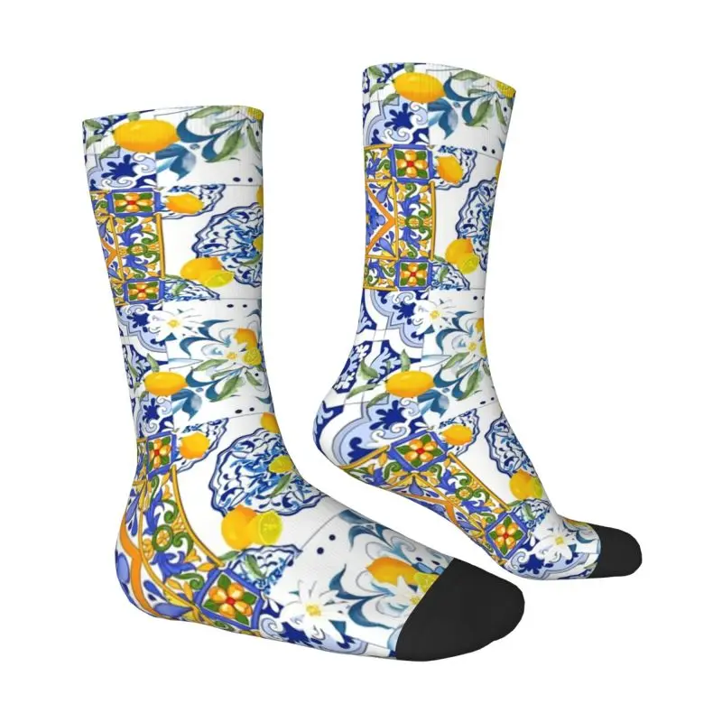 Custom Mediterranean Summer Fruit Lemons Tiles Dress Socks for Men Women Warm Funny Novelty Crew Socks