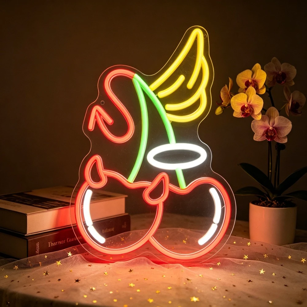 Angel Devil Cherries LED Neon Sign Red Yellow Green Halo USB Powered Night Light Funny Bedroom Bar Wall Decoration
