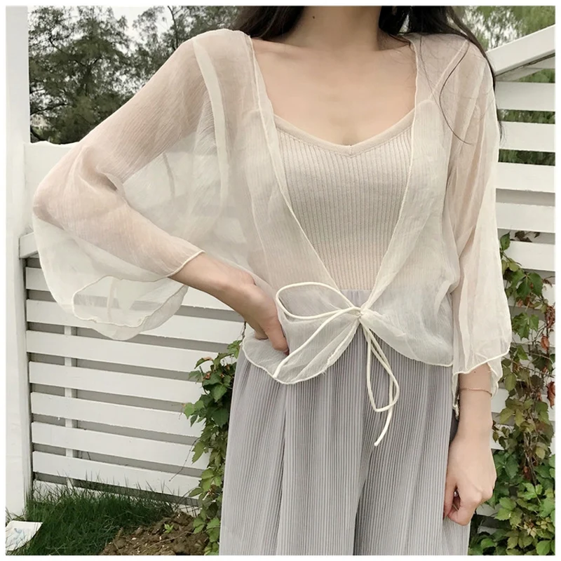 Liba Sin Women Summer Chiffon Cardigan Ladies Beach Sheer Chiffon Cover Up Kimono Tied Front Cool Tops Solid Color Basic