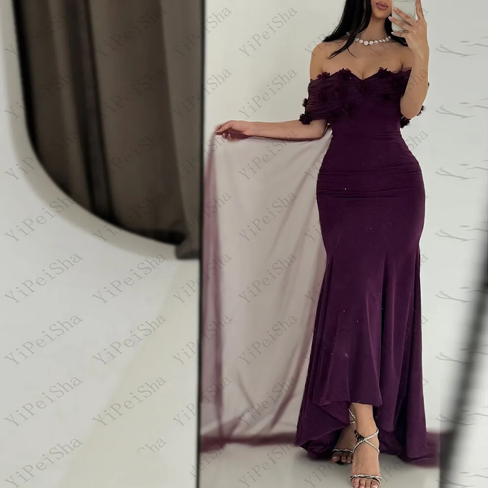 

Customized A-Line Prom Dresses Floor-Length Off The Shoulder Sleeveless Evening Gown Fashion Flowers Simple Draped Party Gown