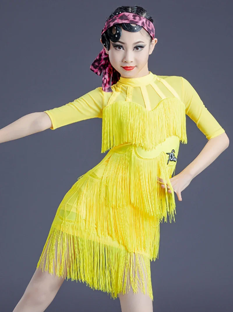 Bambini Ragazze Nappa Catena Maglia Giallo Vestito da ballo latino Abbigliamento per spettacoli teatrali Cha Cha Concorso Bambini Sala da ballo Dancewear