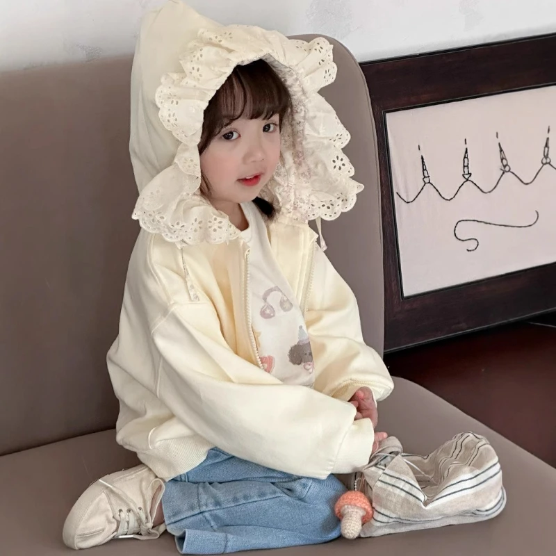 

2025 New Autumn Children's Versatile Cute Lace Hooded Solid Color Hoodie Jacket