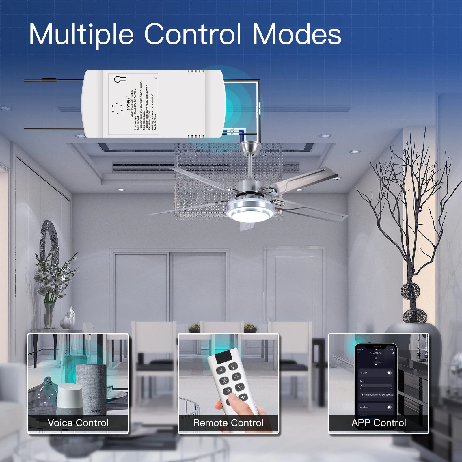 MOES Módulo de interruptor de ventilador de techo inteligente, Wi-Fi, Control de ventilador y luz por separado con aplicación o voz, Compatible con