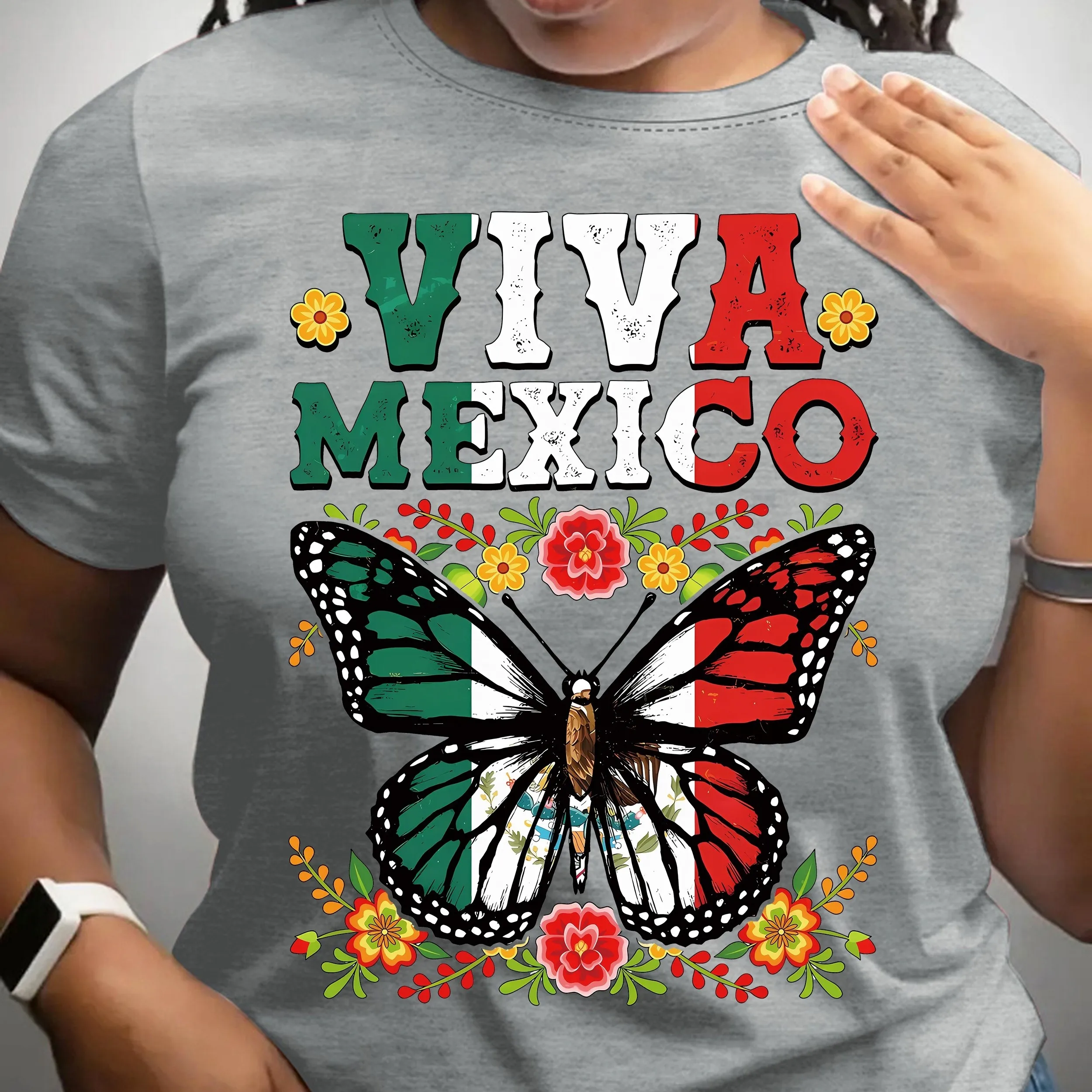 Vibrant Mexico Flag Butterfly Print Short Sleeve Crew Neck T-shirt - Casual Summer & Spring Top - Women\'s Fashion Clothing