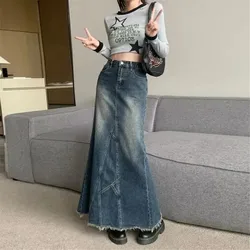 Retro Long Denim Skirt Y2k Classic All-Match Vitality Casual Commuter Outing Tight Sexy Women Irregular Fishtail Skirt Girl Cool