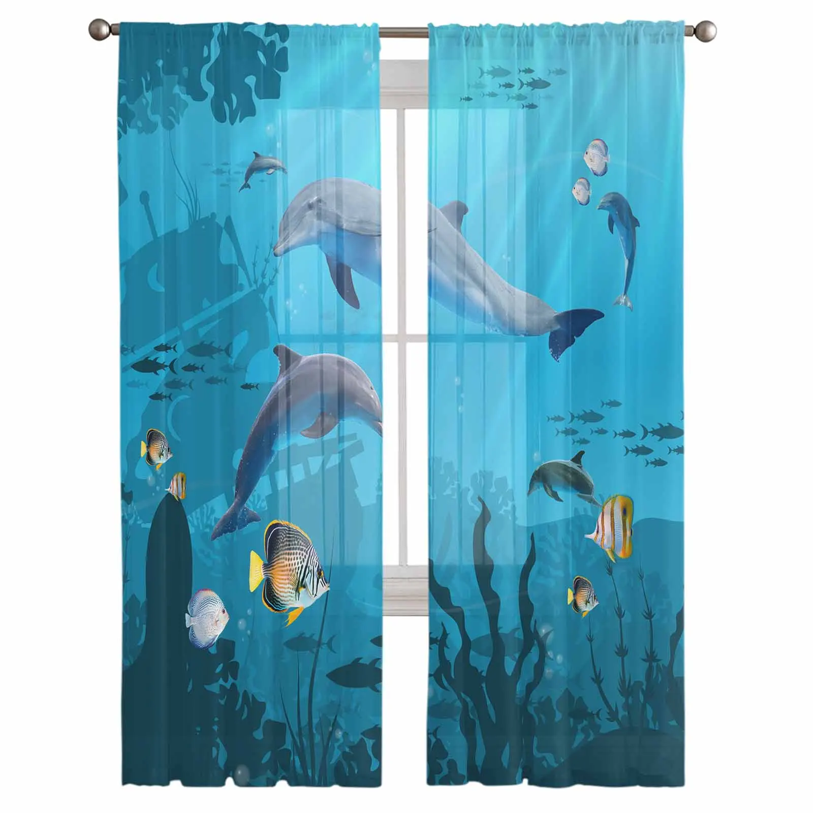 Summer Sea Life Dolphin Fish Voile Curtains for Living Room Window Tulle Curtain for Bedroom Sheer Blinds Drapes