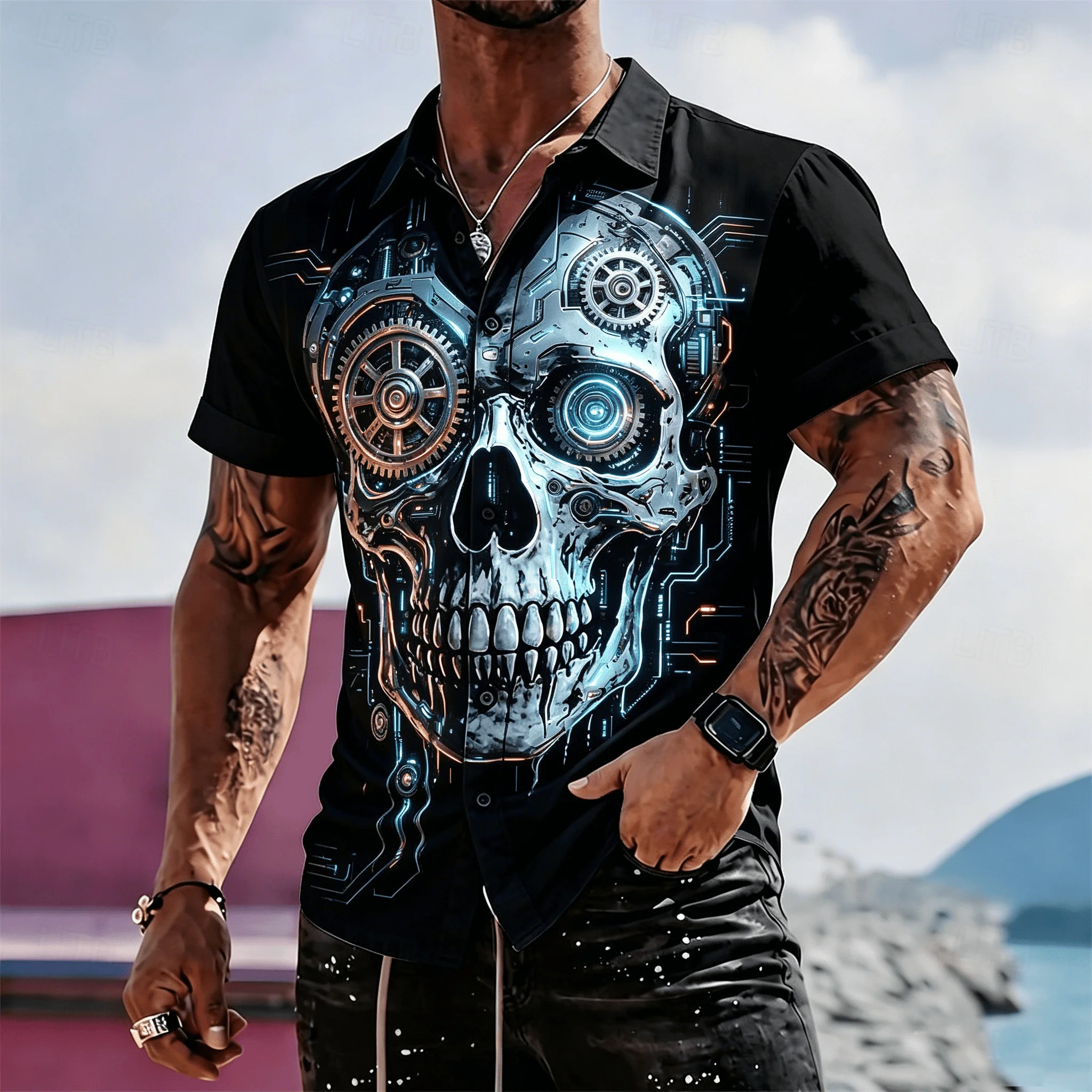 Men's Black Gothic Skull Print Short Sleeve Shirt, Horror Splatter Art Casual Button Down for Spring & Summer