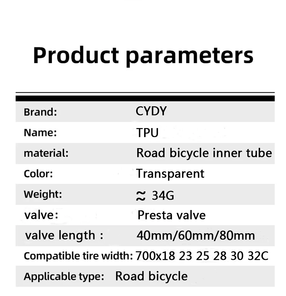 34G CYDY Fahrrad-Innenschlauch aus TPU, 700×23C 25C 28C 30C 32C, für Rennräder, Presta-Ventil aus Aluminium: 40/60/80 mm, 28'' Innenreifen – Detail 3