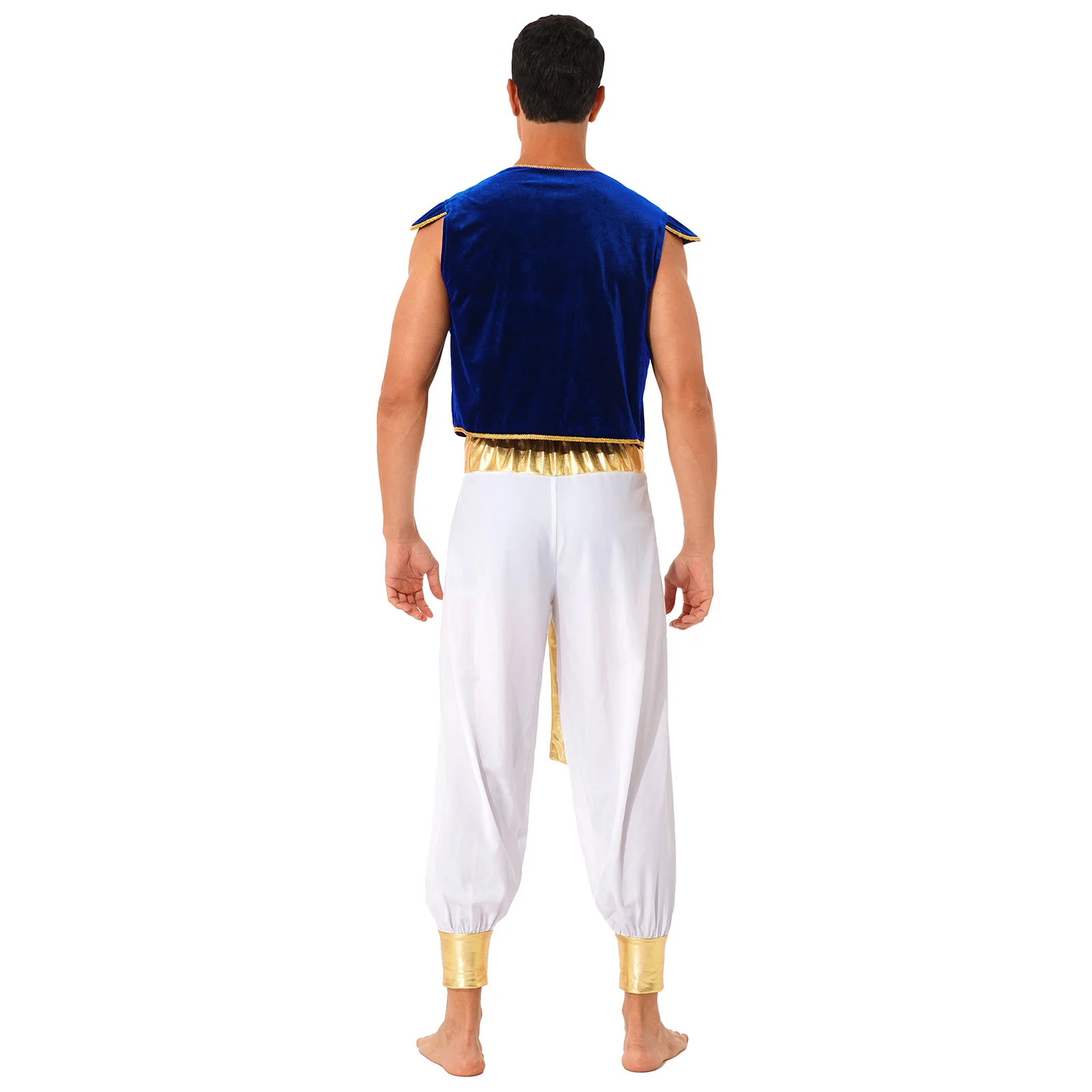 Mens Persian Arabian Club Costume Arab Prince King Cosplay Outfit Cardigan Waistcoat Cap Sleeve Vest with Belted Bloomers Pants