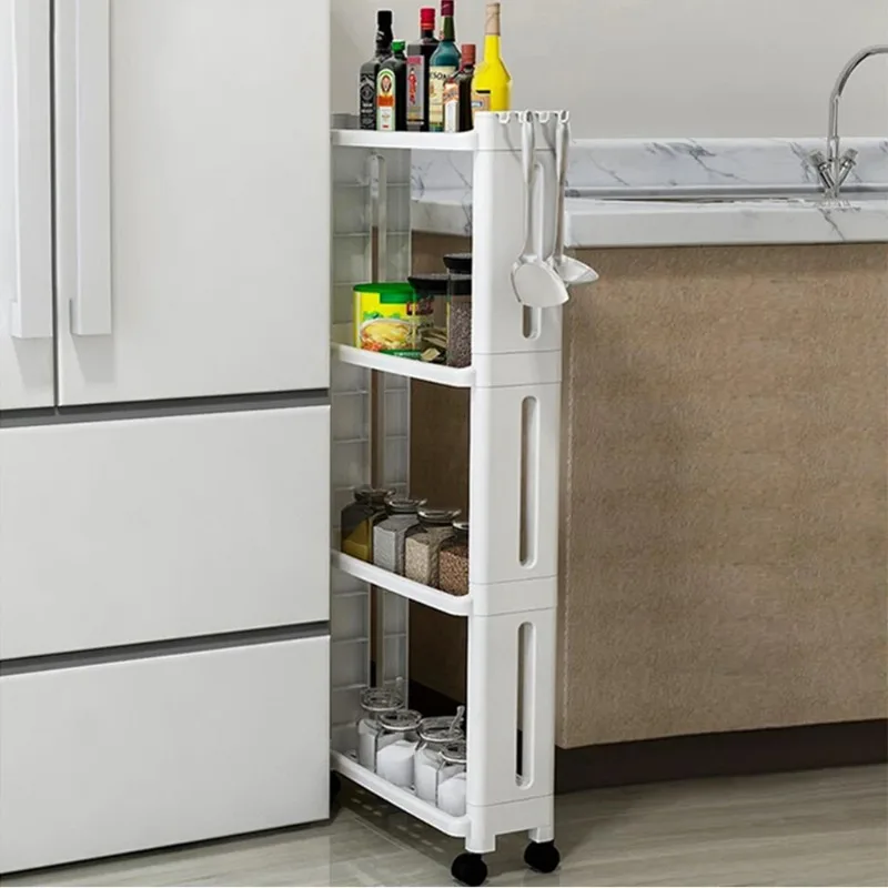 Floor Mount Gap Storage Rack with Wheels Trolley Plastic Shelf 3/4 Layer Kitchen Food Fridge Side Shelf Bathroom Floor Rack