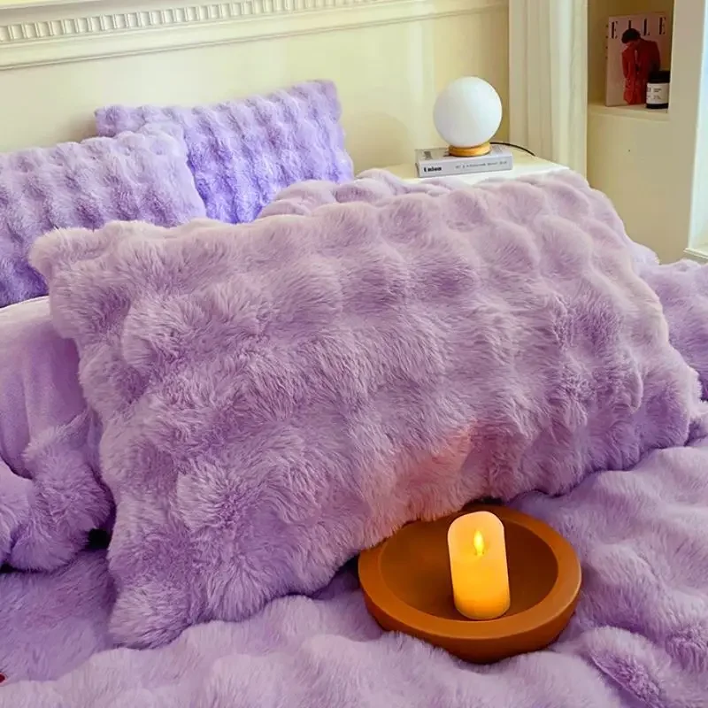Hypoallergenic Ultra Soft Pillowcases Pair Premium Rabbit Fur Texture Velvet 48x74cm Fade Resistant Warm Cozy Bedding All Season