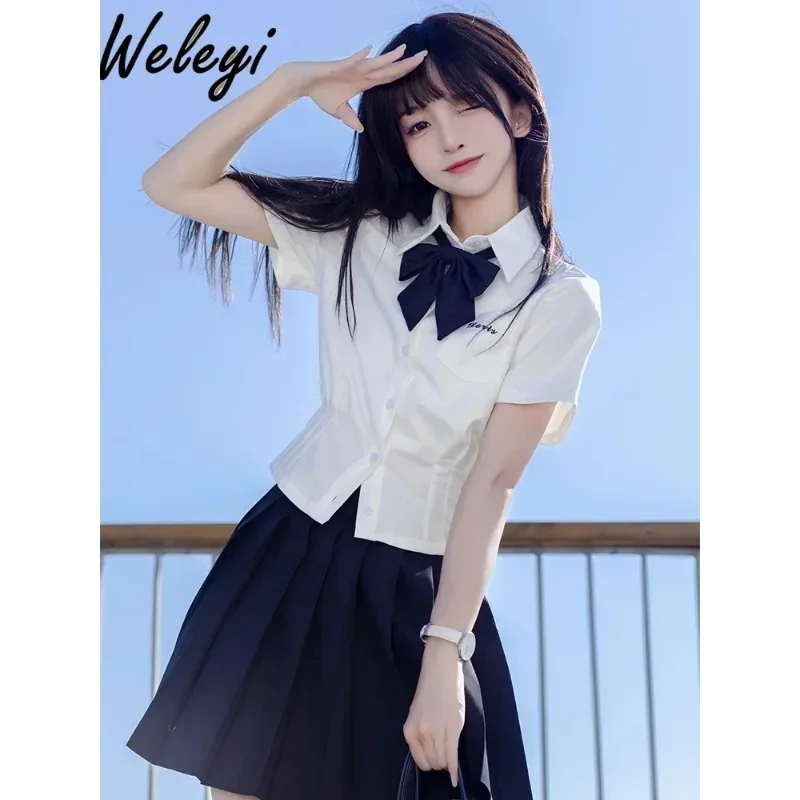 

Cute Jirai Kei Shirt Women Japan 2024 Summer College Style Hot Girl Uniform All Match White Waist Trimming Short Sleeved Blouse