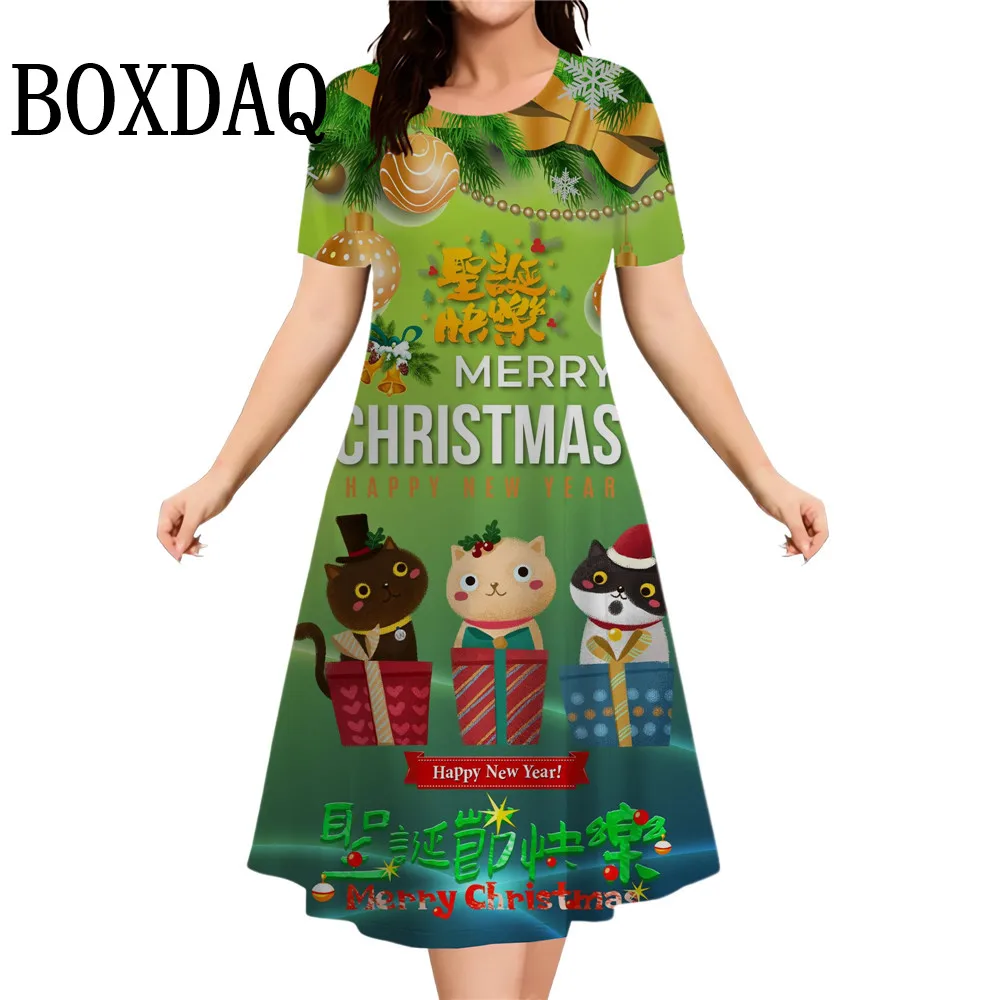 2024 New Christmas Party Dress Elegant Women Cute Sweet Casual Letter Print Short Sleeve Dress Loose Fashion Streetwear Clothing