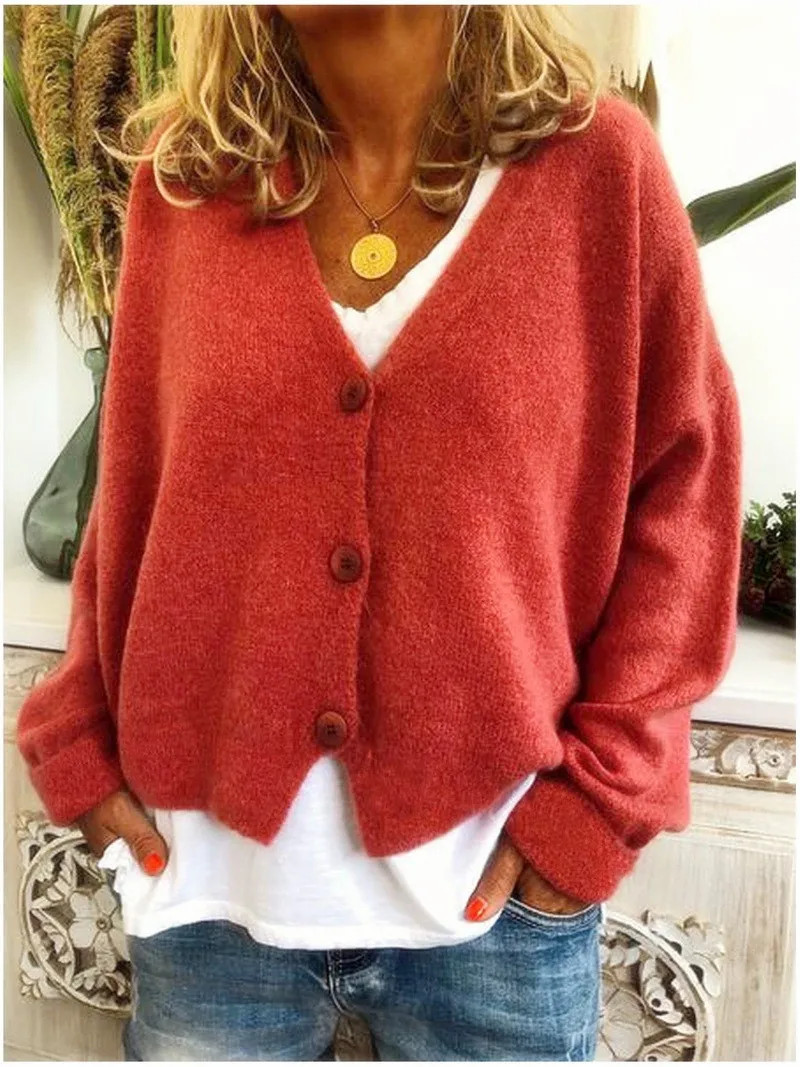 

2025 Autumn and Winter Button Casual Loose Solid Color Knitted Cardigan Women's Europe and America