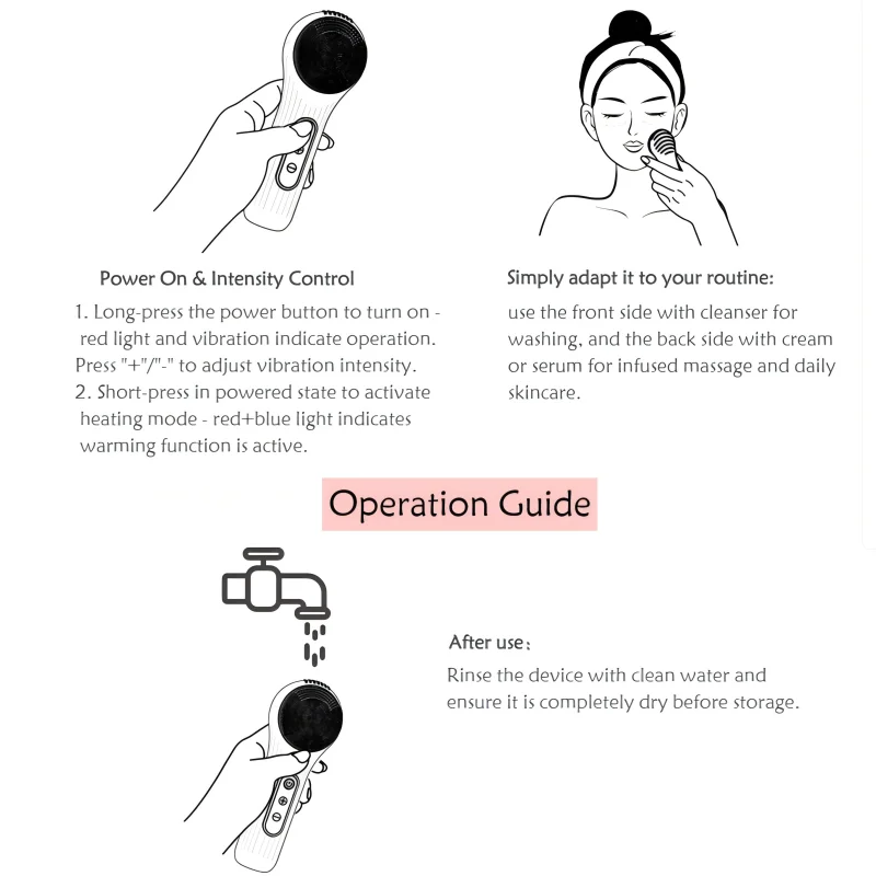 Siliconen gezichtsreinigingsborstel Roze Waterdichte oplaadbare trillingsverwarming Diep schone gezichtsreiniger Gezichtsreinigingsborstel