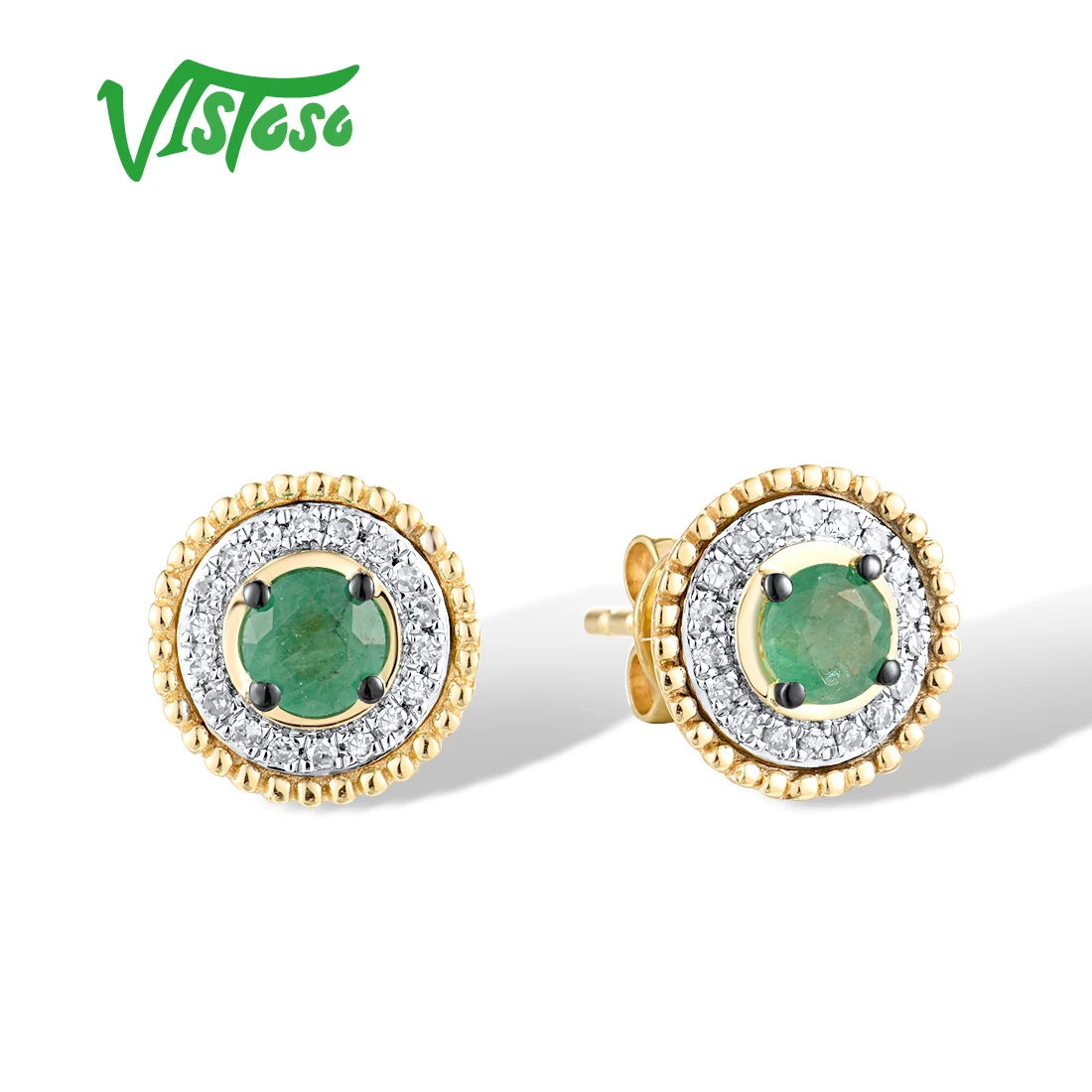 VISTOSO Pure 14K 585 Yellow Gold Stud Earrings For Women Sparkling Diamonds Emerald Round Earrings Delicate Trendy Fine Jewelry