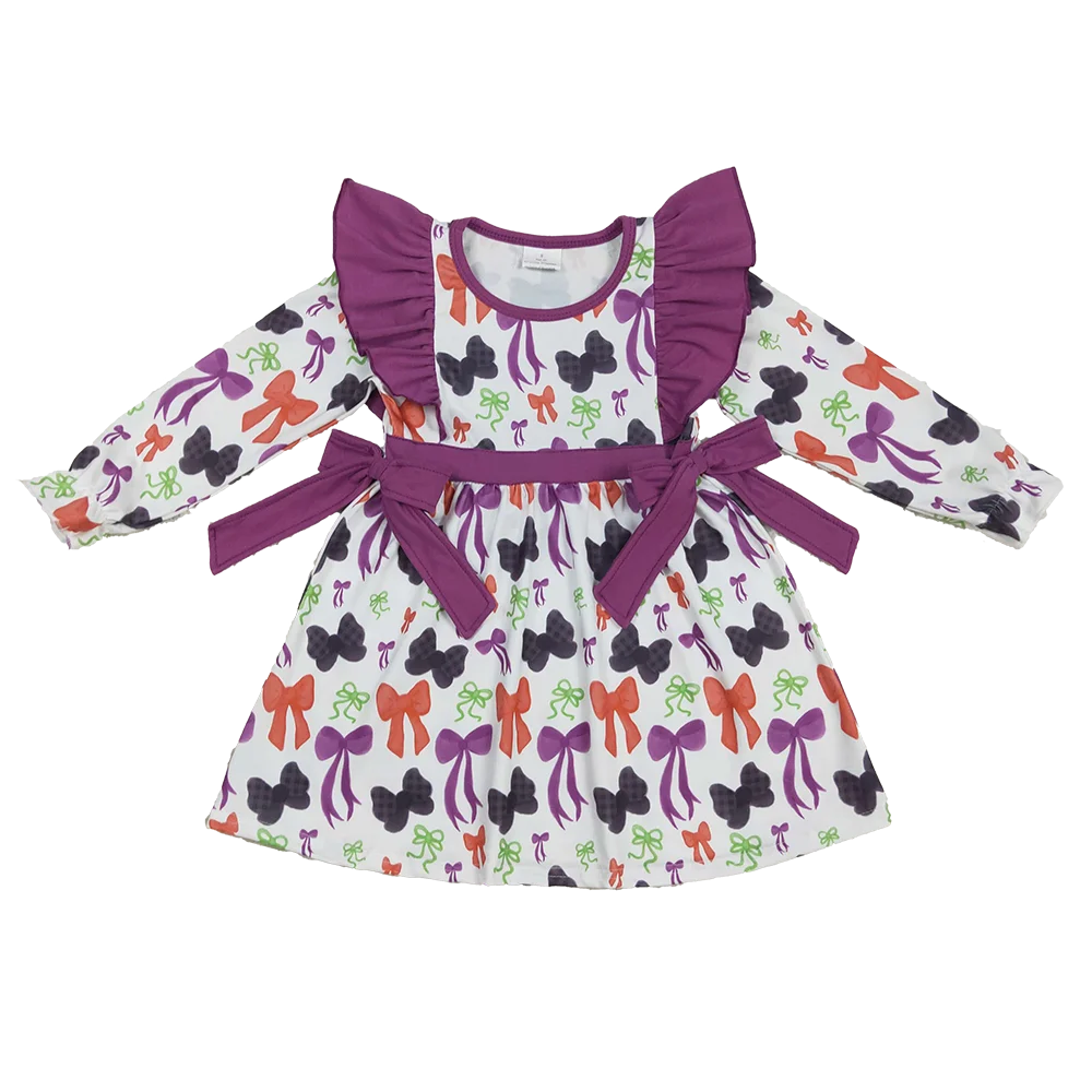 

9.17 Winter Hot Sale Wholesale Western Boutique children clothing Baby Girls Halloween Colorful Bows Knee Length Dresses