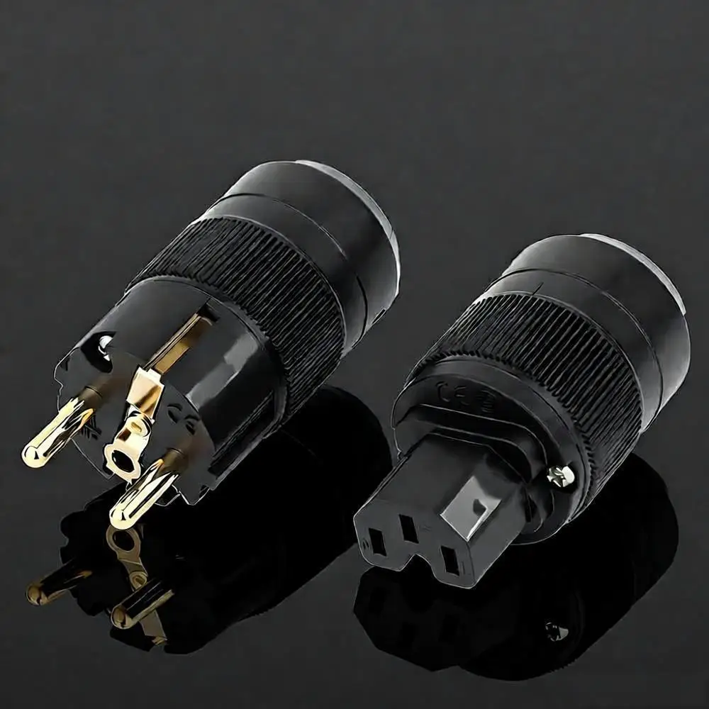 Preffair Schuko AC Power Plug + IEC Connector 24K Gold Plated Brass HiFi EU Audio Power Adapter Connector Plug