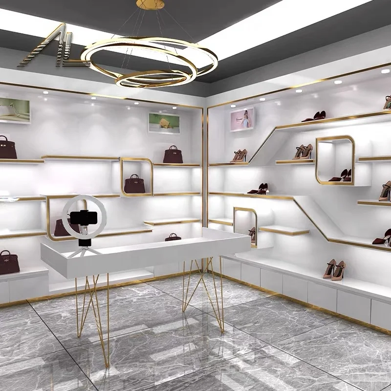 customized.Modern Women Shoes Retail Store Decoration Design Custom Luxury Metal Shoe Stand Handbag Display Shop Showcase