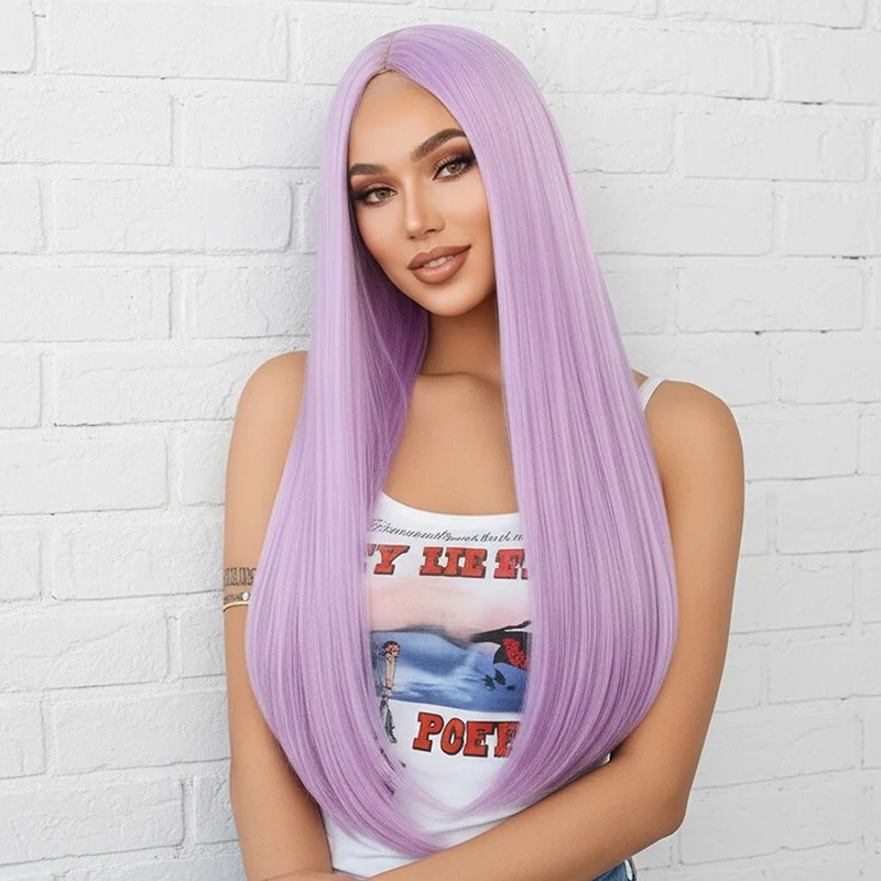 วิกผมผู้หญิงสไตล์ยุโรปและอเมริกา วิกผมไหมทนความร้อนสูง ผมยาวตรงสีม่วงอ่อน วิกผมใยสังเคราะห์