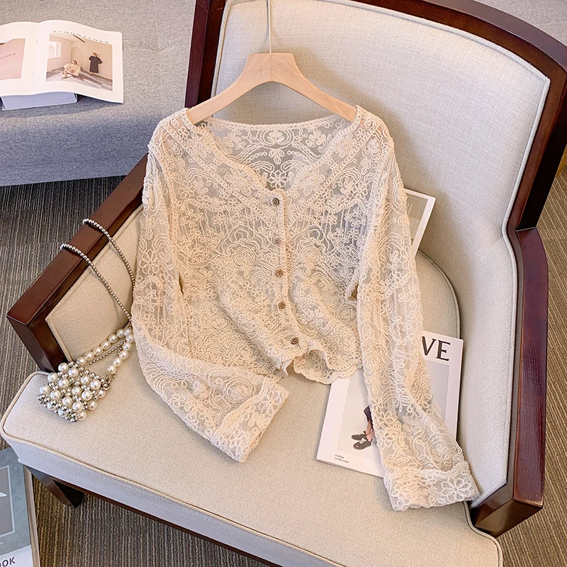 Sheer Crochet Top Long Sleeve Button Front V-Neck Open-knit Embroidery Blouse Women Summer Fairycore Cottagecore Outfit