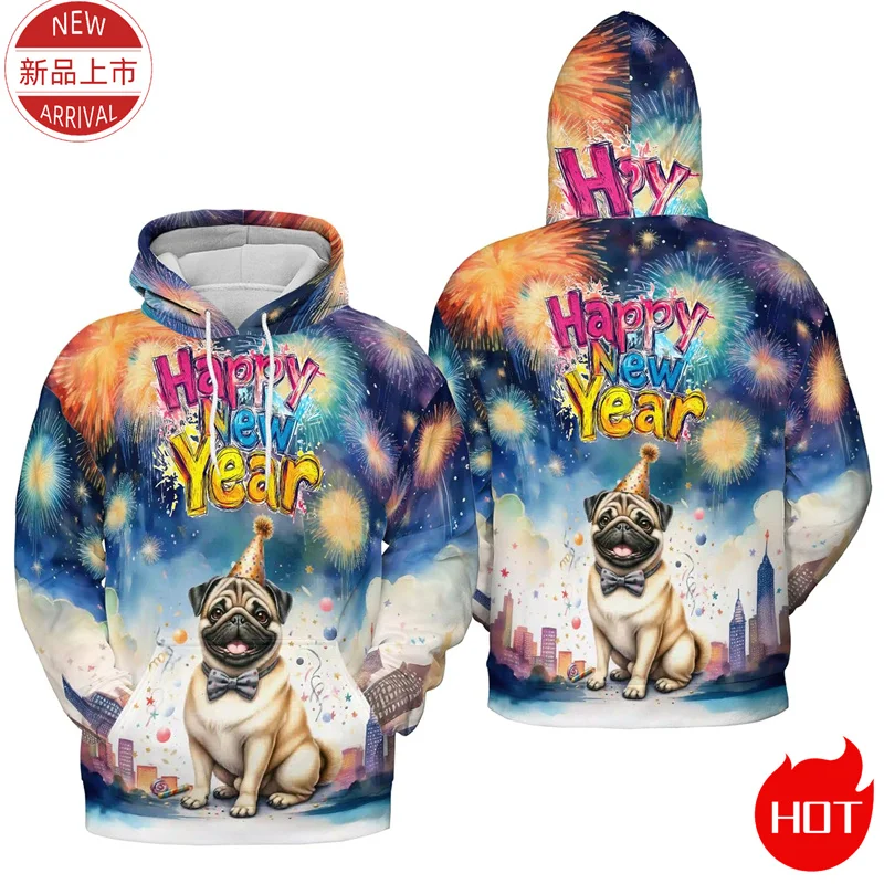 2025 Happy New Year 3D Printed Hoodies Firework Cute Pull Terrier Corgi Graphic Hooded Hoody Fashion Women Pullovers Clothing