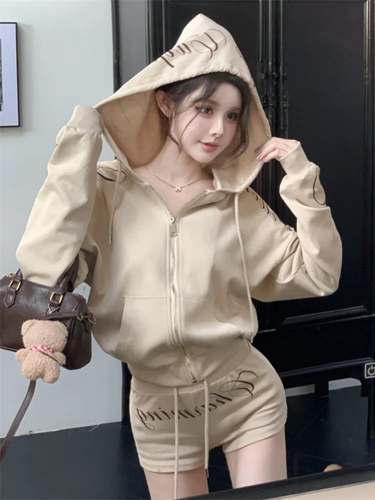 طقم جايت وقلنسوة فضفاض كاجوال وسحاب للنساء مع طباعة حروف عالية الخصر بنطال ضيق مناسب للخريف #1